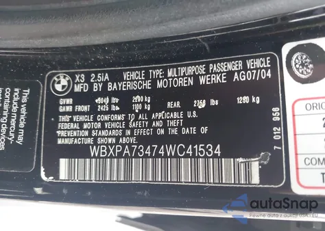 2004 BMW X3 2.5I z USA, uszkodzony, nr VIN WBXPA73474WC41534